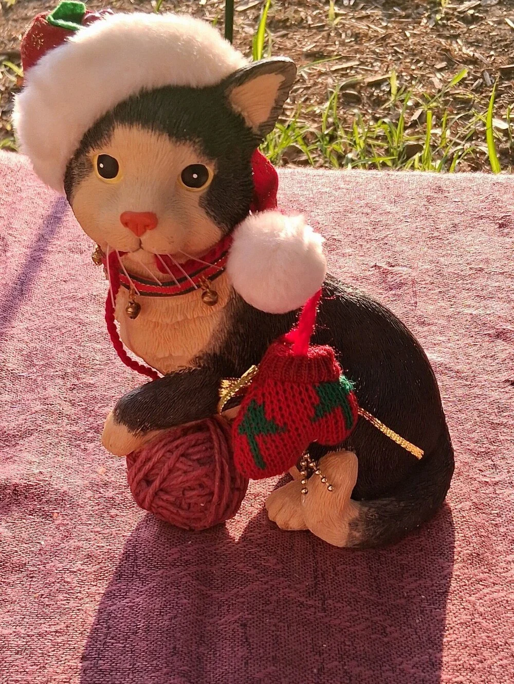 Festive Black and Cream Cat Ornament with Red Accents
